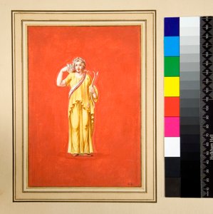 Női alak sárga színben, jobb kézben íj és nyíl (fekete kréta, némelyik tollal és barna tintával. Akvarellel színezve) alkotó: Pietro Santi Bartoli