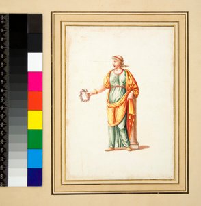 Női alak a nézőtől balra fordulva (fekete kréta, némelyik tollal és barna tintával. Akvarellel színezett) alkotó: Pietro Santi Bartoli