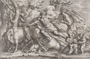Io balról tehénként, Jupiter felhőn középen, Juno jobbra pu...-val, 1650-90.