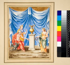 Balra ülő Jupiter egy sassal és egy női alakkal (fekete kréta, néhány tollal és barna tintával. Akvarellel színezve) alkotó: Pietro Santi Bartoli