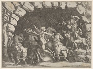 A Plútó, hátulról nézve, kocsiján belép az Alvilágba, Cerberus és három Fu..., kb. 1680.