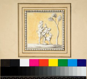 Három ezüst tábla egy fa láda elejéről (fekete kréta, néhány tollal és barna tintával. Akvarellel színezve) alkotó: Pietro Santi Bartoli