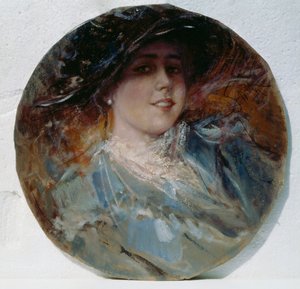 Ragyogó mosoly, Pietro Scoppetta (1863-1920), olaj, vászon, kartonra, 37,5 cm