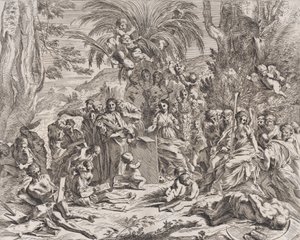 A festészet allegóriája, aki gyerekként a bal középen táblára rajzol, körbe..., 1637-38. alkotó: Pietro Testa