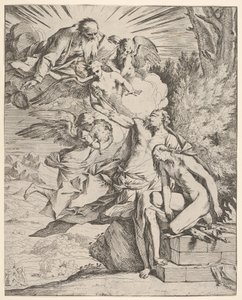 Izsák feláldozása: egy angyal nyomódik Ábrahám tőrt hordozó karjához, aki ..., 1645-50 körül. alkotó: Pietro Testa