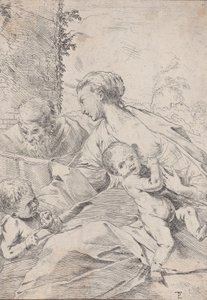 A Szent Család a csecsemő Szent Jánossal, aki almát tart, kb. 1630. alkotó: Pietro Testa
