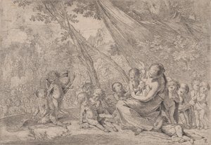 A jótékonyság kertje, jobbra a Szeretetet képviselő nő, gyerekekkel körülvéve, ..., kb. 1631-37. alkotó: Pietro Testa