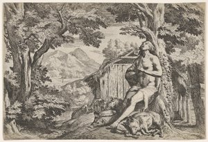 A tékozló fiú egy fa tövében ül a sertések között, tekintetét felfelé irányítva..., kb. 1640-50. alkotó: Pietro Testa