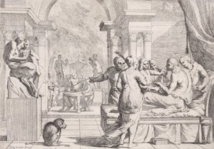 A tékozló fiú a kanapén ülve bort szolgálnak fel, a háttérben mulatozók, egy mo..., kb. 1645. alkotó: Pietro Testa
