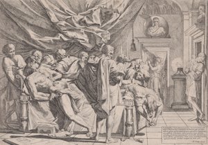 Cato filozófus öngyilkosságát, aki az ágyán fekszik, és kihúzza a bensőjét, nézte a..., 1648.