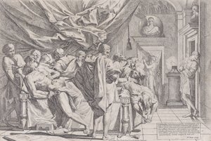 Cato filozófus öngyilkosságát, aki az ágyán fekszik, és kihúzza a bensőjét, nézte a..., 1648.