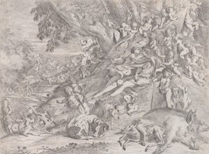 Vénusz és Adonisz, sok puttival körülvéve, a vadászat után hátradőlve, egy döglött vaddisznóval..., 1631-37. alkotó: Pietro Testa
