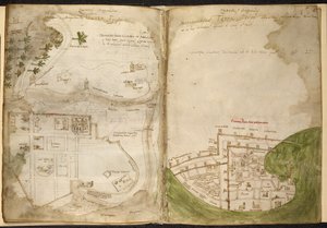 Jeruzsálem és Acre térképei, Marino Sanudo Torsello, „A kereszt híveinek titkai könyve”, 1320-1325 körül (testszín pergamenen) alkotó: Pietro Vesconte