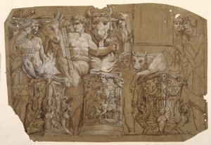 Antik áldozás és Perszeusz és Androméda házassága Polidoro da Caravaggio (kb. 1499-1543) nyomán (toll és barna tinta barna mosással, fehér testszínnel kiemelve az előzetes fekete krétával, barnára mosott papíron) alkotó: Pietro da Cortona