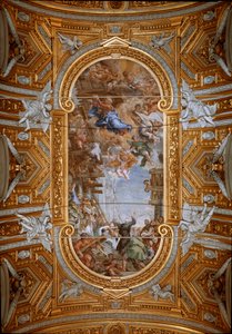 A Szűz megjelenik Neri Szent Fülöpnek (Filippo Neri) a templom építése közben. Cortonai Péter (Pietro da Cortona) (1596-1669) boltíves freskóinak megtekintése (Pietro da Cortona Madonna della Vallicella csodája, mennyezeti freskó