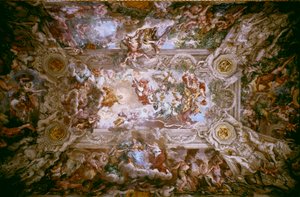 A Barberini dicsősége: „Az isteni gondviselés diadala” A gondviselés és a Barberini család isteni erejének allegóriája (VIII. Urbán pápa). Cortona kő freskója (Pietro Berrettini dit Pietro da Cortona (1596-1669), amely Barb mennyezetét díszíti