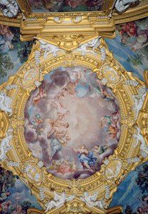 Az Apolló Sala di Apollo-terme a mennyezeti dekoráció részlete, amely Cosimo I deMedicit 1519-74-ben mutatja be Apollónak, 1647 körüli freskó alkotó: Pietro da Cortona