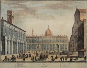 Olaszország, Bologna, Piazza Maggiore vagy Piazza Grande, Pio Panfili, metszet alkotó: Pio Panfili