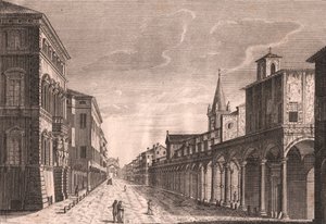 A Strada Maggiore látképe Bolognában, Emilia-Romagna, Olaszország, C Lambertini rézmetsze Pio Panfili (1723-1812) rajza alapján, kb 13,5x19 cm alkotó: Pio Panfili