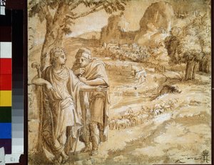 "Pásztor és zarándok egy tájban" (Pásztor és zarándok a tájban) Akvarell és tinta, Pirro Ligorio (1510-1583) 1550 körül Puskin Múzeum, Moszkva alkotó: Pirro Ligorio