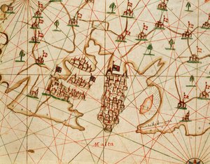 Málta szigete, a hat diagramból álló portolán atlaszból, Placido Caloiro és Francesco Oliva, Pergamen. 1646.