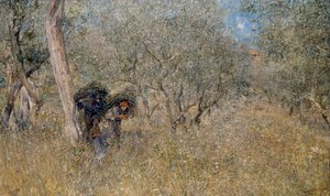 Olajfák közt, bábu, Plinio Nomellini (1866-1943), olaj, vászon, 60x100 cm alkotó: Plinio Nomellini