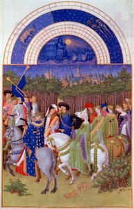 Nemesekből és zenészekből álló csapat lóháton, kilátás a riomi hercegi palotára (?) és a májusra. Pol De Limburg flamand miniatúrája (15. század) „Berry herceg igen gazdag órái” kéziratból alkotó: Pol de Limbourg