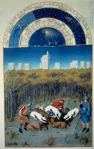 December: vadászjelenet. Pol De Limburg (15. század) Vincennes flamand miniatúrájának háttérnézetében a „Berry herceg igen gazdag órái” kéziratból.
