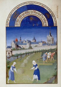 június: széna. Hátul a Pol De Limburg flamand miniatűr Szent Kápolna palotája (XV. század) „Berry herceg igen gazdag órái” kéziratból.
