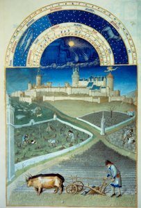 Március hónap: szántás Előtérben mezőgazdasági munka, földet szántó parasztok, szőlő nagysága, alul Lusignan vára - Miniatűr a „Les tres riches heures du Duke de Berry” című filmben, Pol De Limburg (15. század) – C