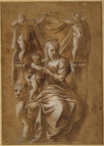 A Madonna és a gyermek trónol (toll és barna tinta testszínnel a papíron) alkotó: Polidoro da (follower of) Caravaggio