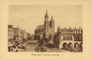 Krakkó-Krakau: Fő piactér a Mária-templommal (fekete-fehér fotó) alkotó: Polish Photographer