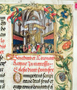 A lengyel királynő megkoronázása Erasmus Ciolek püspök pápától, 1510 körül (tempera és arany pergamen) alkotó: Polish School