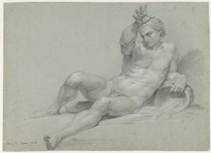 Fekvő férfimodell akt tanulmánya, felemelt jobb karral, antik folyóisten pózában, balról, ferde nézetben alkotó: Pompeo Girolamo Batoni
