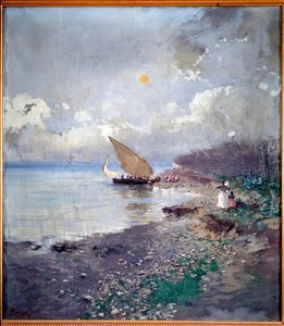 Visszatérés a horgászatból Pompeo Mariani (1857-1927) tengerparti festménye 1898 Méret: 115x100 cm Genes, Galleria d