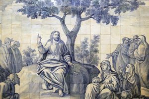 Irgalmasság temploma. Azulejos. A prédikáció a hegyről. Jézus. Evora. Portugália. alkotó: Portuguese School