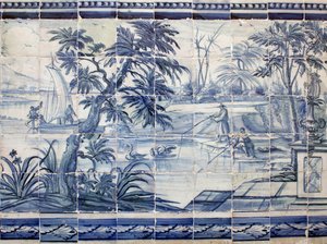 Tóhalászok Ázsiában - Azulejos, festett fajansz alkotó: Portuguese School
