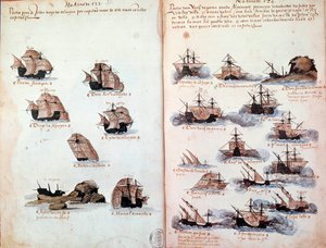 Kéziratos oldal „” Portugália armadáinak emlékei I. Mánuel király alatt (1469-1521)””, amely a portugál flottákat képviseli. 1523 B.N. Párizs alkotó: Portuguese School