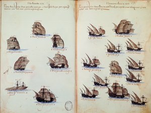 Kéziratos oldal „” Portugália armadáinak emlékműve I. Mánuel király (1469-1521)” alatt, amely a portugál flottákat ábrázolja alkotó: Portuguese School