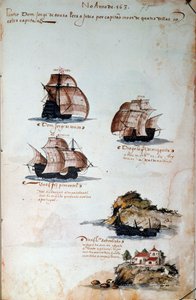 Kéziratos oldal „Emlékek Portugália armadáiról I. Mánuel király (1469-1521)” alatt, amely az 1497-es portugál flottákat képviseli. 1500 Lisszabon, Nemzeti Ókori Művészeti Múzeum alkotó: Portuguese School