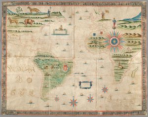 Nyugat-Európa, Afrika és Amerika térképe hegyek, állatok stb. rajzaival. Joseph da Costa e Miranda alkotó: Portuguese School