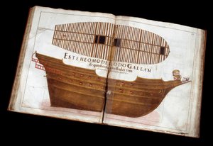 Hajóépítészet: Manuel Fernandez építészeti értekezésének (Livro de Tracas de Carpintaria) oldala: hajó vágása alkotó: Portuguese School