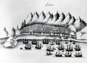 Portugál Aden elleni támadás, illusztráció az India legendáiból, Gaspar Correia, 1858 körül alkotó: Portuguese School