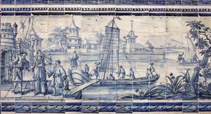 Jelenet egy folyó partján Ázsiában – Azulejos, festett fajansz alkotó: Portuguese School