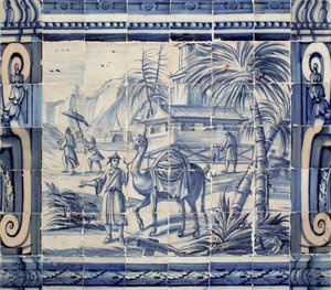 Jelenet tevével Ázsiában - Azulejos, festett fajansz alkotó: Portuguese School