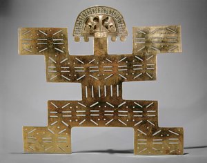 Öntött Tumbaga mellizom, Huaca del Dragon, Caldas, Kolumbia, Tolima stílus (arany)