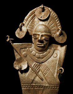 Prekolumbiai művészet, Muisca civilizáció: női szobor (Tunjo) arany szertartásos jelmezben. 15-17. század. Bogota, Museo de Oro, Kolumbia - Kolumbusz előtti művészet, Muisca kultúra (Kr. u. 15-17.): arany szobor egy tundzsóról, egy ünnepi jelmezt viselő nő