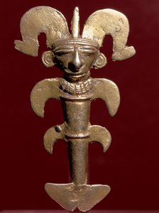 Kolumbiai előtti művészet, Quimbaya civilizáció (Kolumbia): antropomorf arany medál. 400-1400 i.sz. Bogota, Museo de Oro, Kolumbia