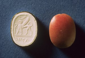 Héber írással felírt pecsét egy Hannának nevezett hölgynek és egy szfinxnek, a formatervezés modern benyomásával, amelyet a Tell ed-duwair (Lachish) Israel-ban találtak (vörös jáspis és gipsz) alkotó: Prehistoric