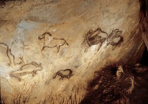 Őstörténet: „” Bölény és lovak”” Sziklafestmény a felső paleolitikumról (Magdalén) (13000 éve) Kőkorszaki Santimamine-barlang, Guernica, Spanyolország - Őstörténet: bölény és lovak - barlangfestés, felső paleolitikum (magdalén) (13 000 éve) ) Stone Ag alkotó: Prehistoric Prehistoric